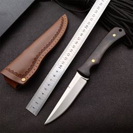 1pcs Top Quality Outdoor Survival Straight Hunting Knife 5Cr13Mov Satin Drop Point Blade Full Tang Ebony Handle Fixed Blades Knives With Leather Sheath