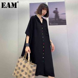 [EAM] Women Colorful Button Black Big Size Shirt Dress Lapel Half Sleeve Loose Fit Fashion Spring Summer 1DD7924 21512