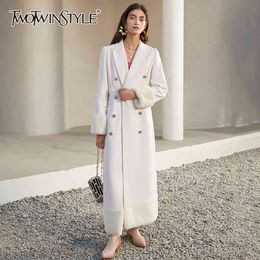 TwotwinStyle Tweed White White для женщин V-шеи с длинным рукавом с двубортным темпераментом Темперамент женская зима модная 210517