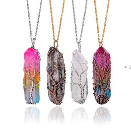 Hexagon Shape Chakra Natural Stone Healing Point Tree of Life Pendants Necklaces with Gold Chain for Women Jewellery Gift by sea RRB11889