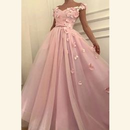 New Arrival pink Prom Dresses A Line Off Shoulder 3D Flower Appliques Beaded Tulle Floor Length Cheap Homecoing Party Dress Evening Gowns