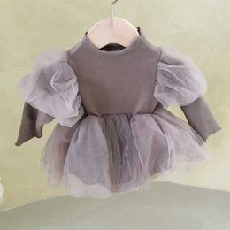 Korean Born Baby Girls Puff Sleeve Clothes Toddler Lovely Dress Onesie Princess Tutu Clothing Bows Set Outfit 210529