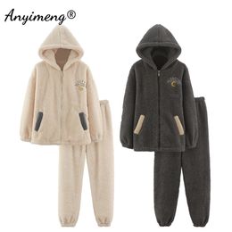 Hoodies Pajamas Set for Couple Korean Minimalist Style Winter Thick Pajama Men Kawaii Warm Pj Preppy Sleepwear 211215