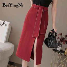 High Waist Midi Skirt Woman Wine Red Black Sexy Elegant Vintage Korean OL Lady Skirts Lace Up Package Hip Saias Mujer 210506