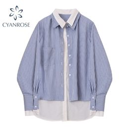 Patchwork Striped Cardigan Women's Blouses Long Sleeve Double-Layer Boyfriend Oversized Shirts Korean Streetwear Loose Tops 210515