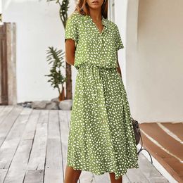 Fashion Women Dresses Summer Boho Dot Print High Waist Shirt Dress Casual Holiday Beach Short Sleeved Female Midi Dress Y0603