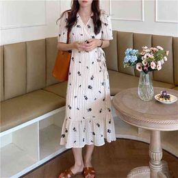 Printed dress female waist slimming French temperament mid-length skirt summer Korean fashion women's clothing 210520