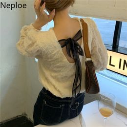 Neploe Blusas Mujer De Moda O-neck Backless Lace Up Blouse Women Korean Fashion Shirts Temperament Elegant Tops 94806 210422