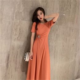 Summer casual knitted dress waist ring design base Knee-Length Office Lady Cotton Solid Sheath O-Neck 210416