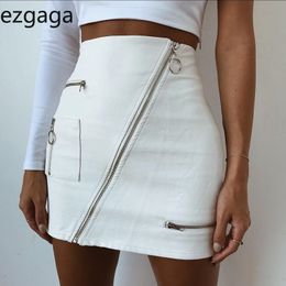 Ezgaga Mini Skirt Women High Waist Autumn Pu Leather Zipper Pocket Solid Gothic Streetwear Female Bodycon Casual 210430