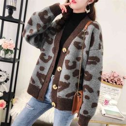 Sweater knitted leopard cardigan padded jacket women's autumn and winter Korean version loose net red lazy outer wear 210427