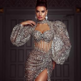 Stunning Silver Sequined Evening Dresses Long Sleeves Mermaid Prom Gowns Side Split Exposed Boning Custom Made Sexy Party Dress