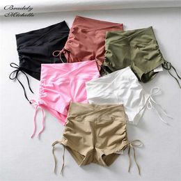 BRADELY MICHELLE Sexy Women High Waist Elastic Pure Color Tihgt Workout Drawstring Push Up Short Leggings Female 211215