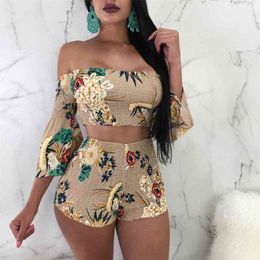 Floral Print Casual Two Piece Set Off Shoulder Cami Top & Shorts Set Summer Short Tracksuit Women Sexy Bodycon Romper S-XXL 210721