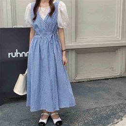 Solid Vintage Sweet Summer Loose Blouses+ Plaid A-Line Girl Femme Slip Dresses Chic Two Piece Suits Sets 210525