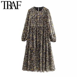 TRAF Women Vintage Elegant Floral Print Pleated Midi Dress Chic Fashion O Neck Long Sleeve Female Dresses Vestidos Mujer 210415