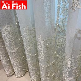 Delicate White Pearl Sheer Voile Luxury Embroidered Tulle Curtain for Living Room Romantic Gold Wire Line Wedding Decor M201-5 210712