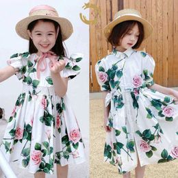 Summer Girl Kids Abito bianco Abiti da principessa in cotone per neonate Pinl Rose Elegent Dress Turn-down Colalr Clothes Q0716