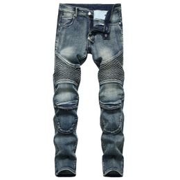 Denim Designer MOTO BIKE Straight Motorcycle Jeans for Men's Size 42 Autumn Spring Punk Rock Streetwear Riding Knee Guard Pants