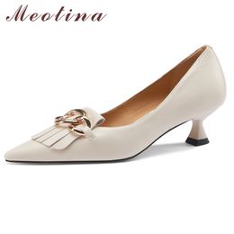 Meotina Shoes Women Pointed Toe Genuine Leather Mid Heel Pumps Fringe Metal Decoration Fashion Dress Footwear Thin Heels Shoes 210520