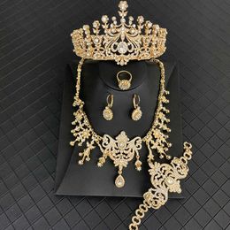 Vintage Fancy Flower Jewellery Set Earring Necklace Ring Bracelet Crown Gift for Turkish Bride's Wedding Bridesmaid Bijoux H1022