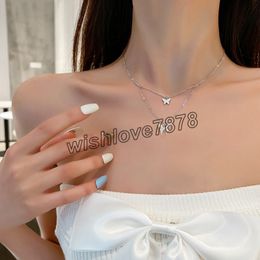 Trendy Double Layer Shiny Butterfly Necklace Silver Colour Female Girl Pendant Clavicle Chain Necklace Wedding Party Jewellery Gift