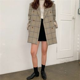 Houndstooth Chic Loose Warm Plaid Geometric Tops Woolen All Match Full Sleeves Casual Office Lady Women Blazers 210421