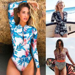 Print Floral Swimsuit Long Sleeve Swimwear Women Bathing Suit Retro Vintage Surfing Swim Suits 210611