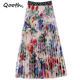 Qooth Satin Printed Floral Large Swing Elastic Waist Skirt Mid-length High-waist Stretch Skirt Pleated Fashion Sweet Skirt QT727 210518
