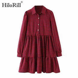 Casual Plaid Shirt Dress Long Sleeve Loose Pleated Women Fashion Mini Autumn Spring Vestidos De Mujer S-L 210508