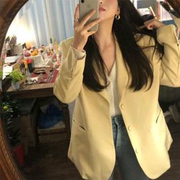 Women Spring Casual Long Blazers Jackets Coat Notched Collar Yellow Chaqueta Mujer Pocket Outerwear Loose Plus Size 211019