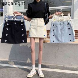 Women Denim Mini Skirt Summer High Waist Black A-Line Harajuku Love Print Blue Jeans s Plus Size S-XL 210601