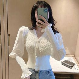 Women Clothing Jumpers White V Neck Flare Sleeve Knitted Sweater Patchwork Casual Elegant Full Contrast Cardigan Pull Femme 210610