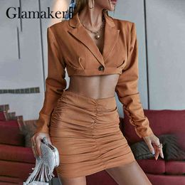 Glamaker Office ladies blazer skirt suits Elegant pleated cropped jacket coat and folds mini skirts Autumn v neck slim dresses 211119