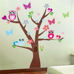 Cute owls tree wall stickers for kids room decorations nursery cartoon children girls decals 1006. animals mural art flowers 4.0 210420