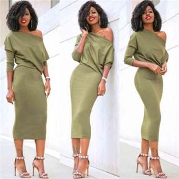 Women Dress Casual One Shoulder Bandage Bodycon Evening Party Solid Sheath Slim Fit Elegant Ladies Clubwear Clothing 210522