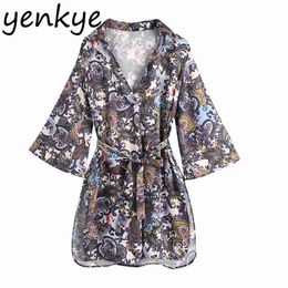 Fall Women Vintage Print Dress Sexy Hem Side Slits Mini Female Lapel Collar Flare Sleeve Sashes Casual Plus Size 210514