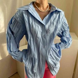 Spring Summer Long Sleeve Women Pleated Thin Shirt Korean Chic Ladies Casual Plus Size Blouse Blusas 16W53 210510