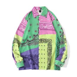 Autumn Green Purple Bandana Patchwork Blusas Turn-down Collar Shirt Women Long SleevedShirt Print Retro Blouse 210510