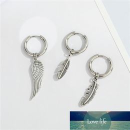 1PC Punk Hip Hop Stainless Steel Feather Earrings For Women Men Fashion Rock Leaves Wings Hoop Earrings Party Jewellery E755 Factory price expert design Quality Latest