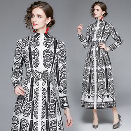 Womens Printed Dress 2022 Spring Autumn Long Dress High-end Elegant Lady Shirt Dress Retro Puff Sleeve Stand Collar Boutique Dresses