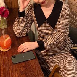 Plaid Elegant Spring Women Long Sleeve High Waist Vintage Dress Evening Female Korean Style One-Piece Fashion Lady Clothes 210322