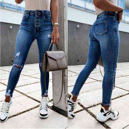 European and American Style Ladies Casual Fashion Jeans High Waist Comfortable Stretch Wash Women Denim Feet Trousers WS29 211129