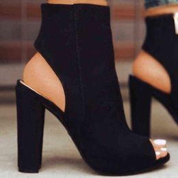 Botas de tornozelo faux camurça couro casual aberto peep toe salto alto zíper moda quadrado borracha sapatos pretos para mulheres plus size 43 h1123