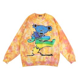 Bear Print Sweatshirts Men Women High Quality Heavy Fabric Unisex Hoodie Crewneck Inside Tag Label Washed Tie-dye Cartoon