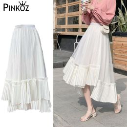 white skirt pleated mesh sweet cute asymmetrical long high waist black casual daily wear chic patchwork 210421