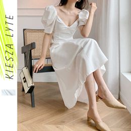 White Dress Puffed Sleeve Summer French Style Vacation Elegant Office Lady Party V-neck Dresses 210608