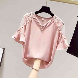 Summer Women Flare Short Sleeves V Neck Lace Patchwork Mesh Chiffon Shirts Female Casual Pullover Tops Ladies Shirt Blouse 210428