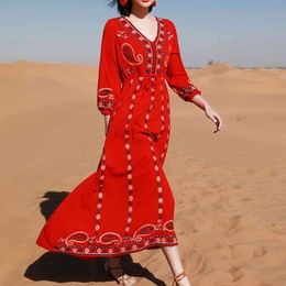 Jastie V-Neck Retro Folk Style Embroidery Dress Boho Hippie Tie Waist Casual Beach Long Holiday Dress Women Vestidos Spring 210419