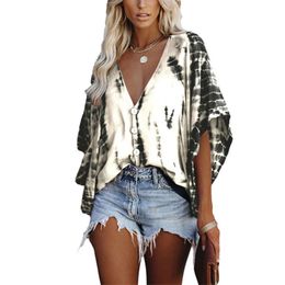 Women Loose Blouses 3/4 Batwing Sleeve V Neck Button Down Tie Dye T Shirts Tops Tee
